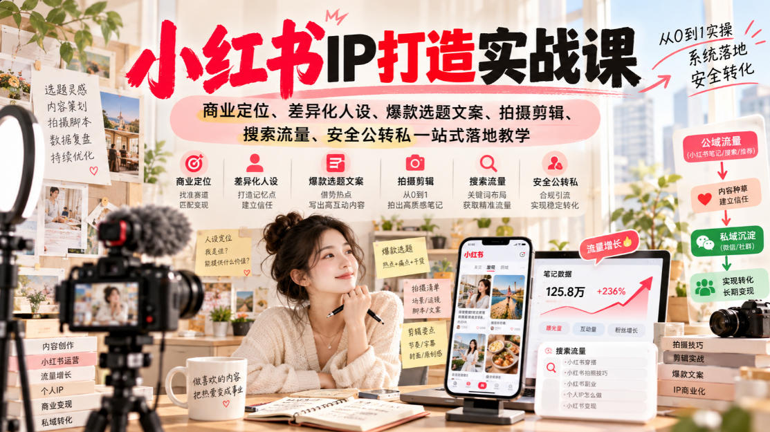 小红书ip打造实战课，商业定位、差异化人设、爆款选题文案、拍摄剪辑、搜索流量、安全公转私一站式落地教学-轻创终点站