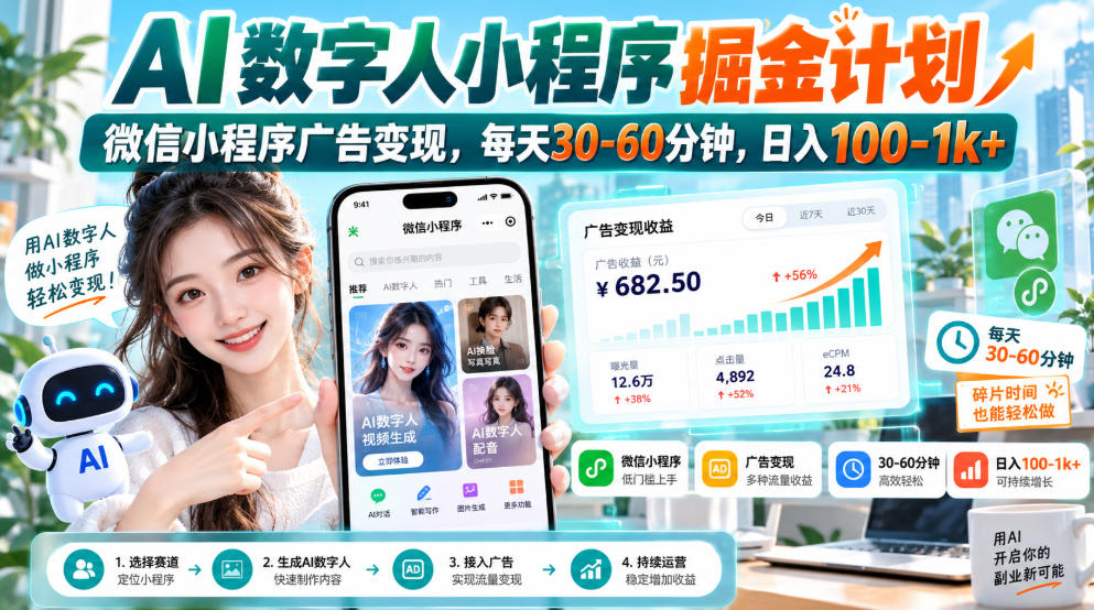 【无水印】AI数字人小程序掘金计划,微信小程序广告变现,每天30‑60分钟,日入100‑1k+-轻创终点站