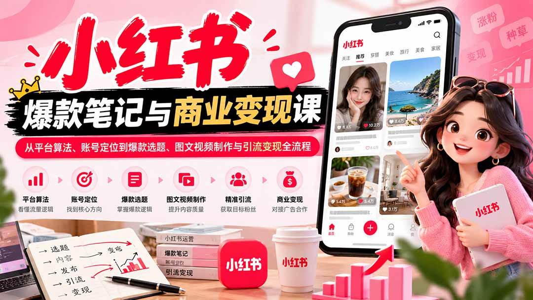 （20709期）2026小红书爆款笔记与商业变现课：从平台算法、账号定位到爆款选题、图文视频制作与引流变现全流程-轻创终点站