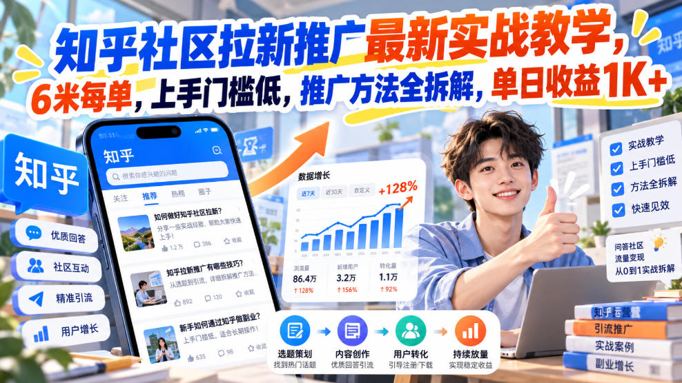 知乎社区拉新推广最新实战教学,6米每单,上手门槛低,推广方法全拆解,单日收益1K+!-轻创终点站