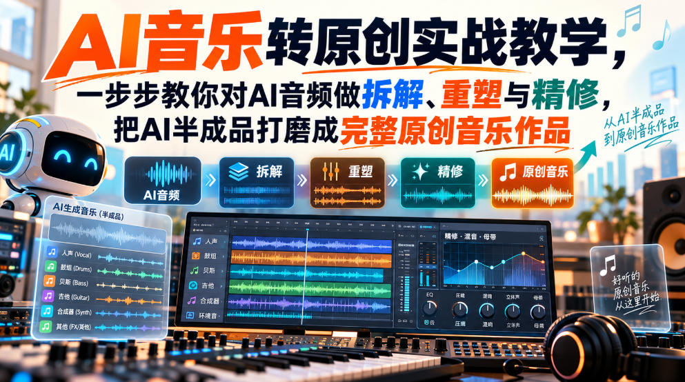 AI音乐转原创实战教学,一步步教你对AI音频做拆解、重塑与精修,把AI半成品打磨成完整原创音乐作品-轻创终点站