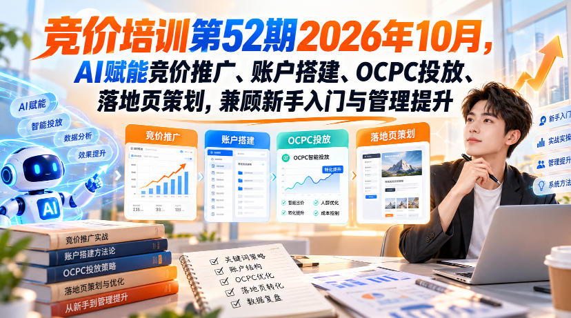 【无水印】竞价培训第52期2026年10月，AI赋能竞价推广、账户搭建、OCPC投放、落地页策划，兼顾新手入门与管理提升-轻创终点站