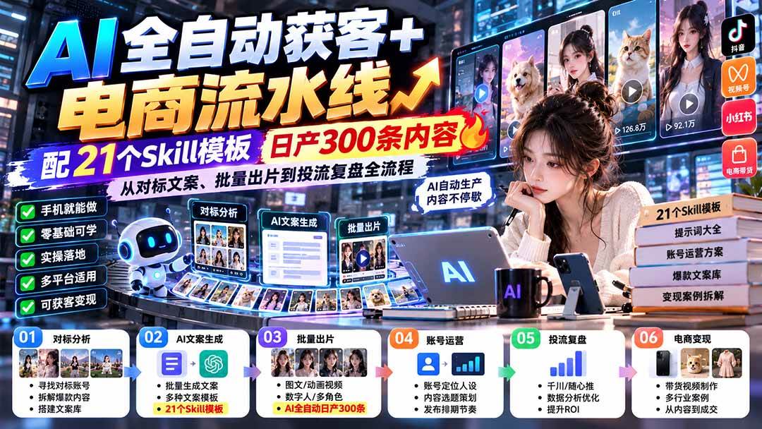 （20713期）【无水印】AI全自动获客+电商流水线-更新0929：配21个Skill模板，日产300条内容，从对标文案、批量出片到投流全流程-轻创终点站
