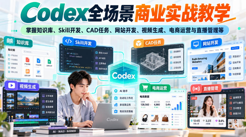 【无水印】Codex全场景商业实战教学，掌握知识库、Skill开发、CAD任务、网站开发、视频生成、电商运营与直播管理等-轻创终点站