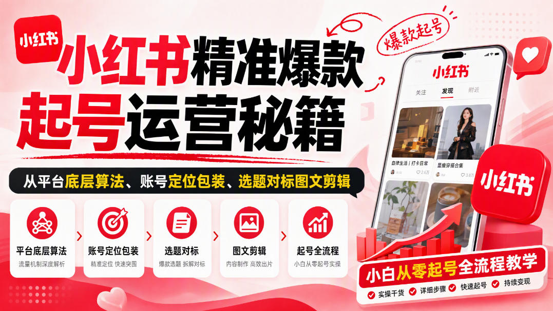 小红书精准爆款起号运营秘籍，从平台底层算法、账号定位包装、选题对标图文剪辑，小白从零起号全流程-轻创终点站