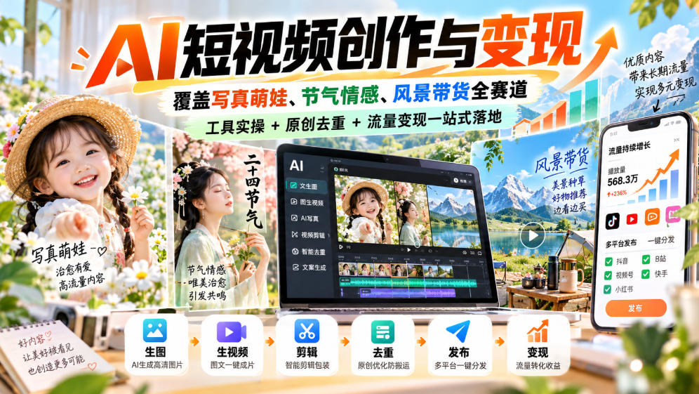 AI短视频创作与变现，覆盖写真萌娃、节气情感、风景带货全赛道，工具实操+原创去重+流量变现一站式落地-轻创终点站