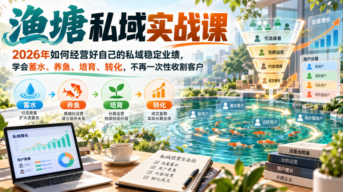 渔塘私域实战课，2026年如何经营好自己的私域稳定业绩，学会蓄水、养鱼、培育、转化，不再一次性收割客户-轻创终点站