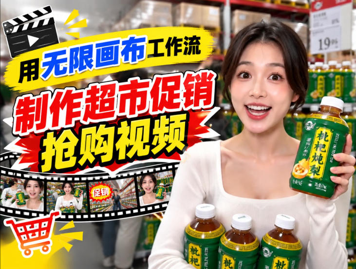 无限画布超市促销抢购视频工作流，一键产出TikTok抖音带货短视频-轻创终点站