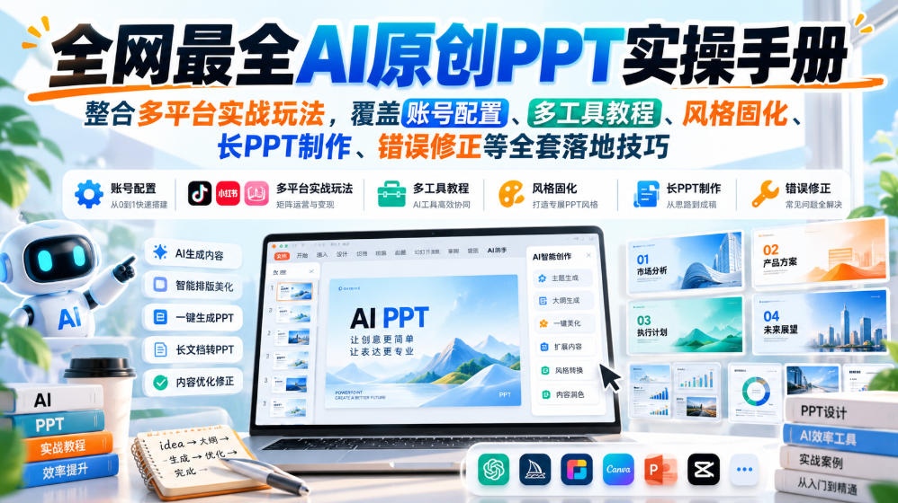 全网最全AI原创PPT实操手册,整合多平台实战玩法,覆盖账号配置、多工具教程、风格固化、长PPT制作、错误修正等全套落地技巧-轻创终点站