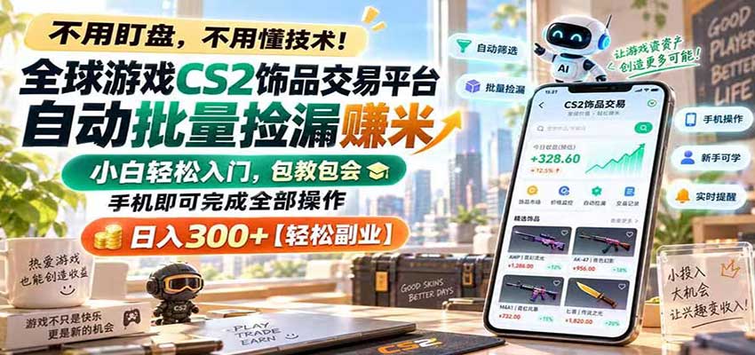 全球游戏CS2饰品交易平台自动批量捡漏赚米,手机即可完成全部操作,日入300+-轻创终点站