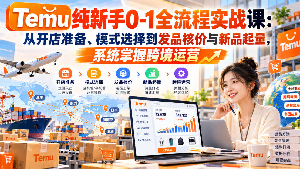 【无水印】Temu纯新手0-1全流程实战课：从开店准备、模式选择到发品核价与新品起量，系统掌握跨境运营-轻创终点站