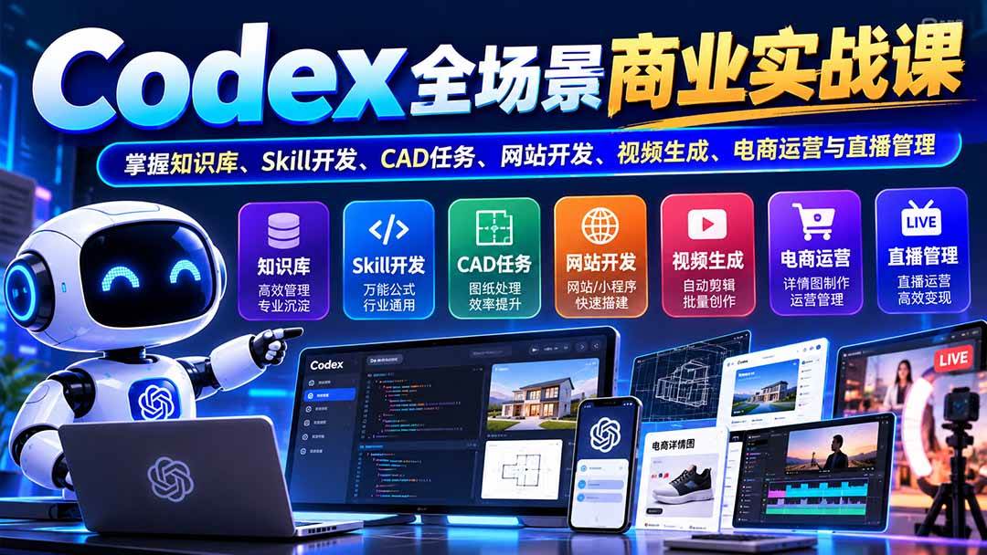 （20712期）【无水印】Codex全场景商业实战课：掌握知识库、Skill开发、CAD任务、网站开发、视频生成、电商运营与直播管理-轻创终点站